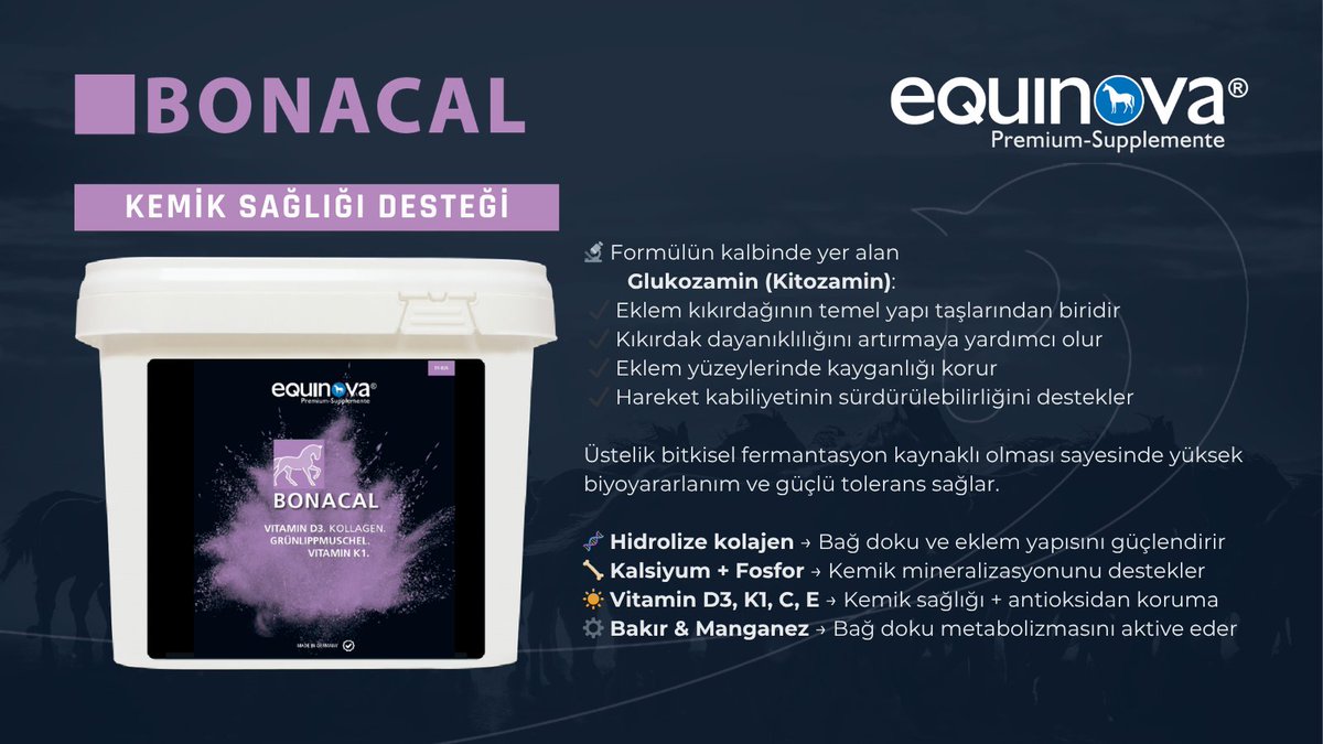 AkcanVitamin's tweet photo. Güçlü KEMİKLER, Sağlam HAREKET.

Equinova® BONACAL

🧬 Glukozamin ile kıkırdak &amp; eklem yapısını destekler
🦴 Kalsiyum + Fosfor ile kemik mineralizasyonuna katkı sağlar
💪 Hidrolize kolajen ile bağ dokuyu güçlendirmeye yardımcı olur

#BONACAL #Equinova #KemikSağlığı #AtSağlığı https://t.co/v66TnagZPF