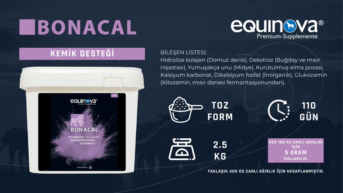AkcanVitamin's tweet photo. Güçlü KEMİKLER, Sağlam HAREKET.

Equinova® BONACAL

🧬 Glukozamin ile kıkırdak &amp; eklem yapısını destekler
🦴 Kalsiyum + Fosfor ile kemik mineralizasyonuna katkı sağlar
💪 Hidrolize kolajen ile bağ dokuyu güçlendirmeye yardımcı olur

#BONACAL #Equinova #KemikSağlığı #AtSağlığı https://t.co/v66TnagZPF