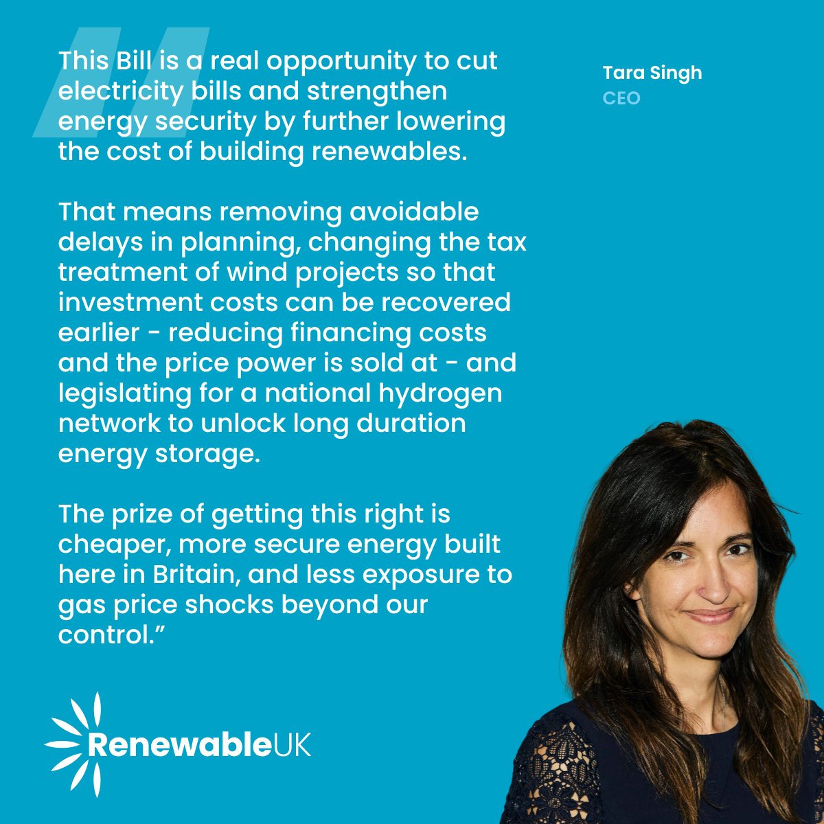 RenewableUK's tweet photo. This morning, the King’s Speech set out details of a range of bills and draft bills, focussing on measures to bolster economic, energy, and national security:

🗣️ https://t.co/YG9XU3vNek

A key aspect of this was the Energy Independence Bill, which will be introduced to Parliament in the near future and will give the Government additional power to accelerate the delivery of clean energy technologies and vital grid infrastructure.

Responding to the announcement, RenewableUK is recommending a number of key measures for inclusion in the Bill, with our Chief Executive Tara Singh (@RenewableUKCEO) saying:

“This Bill is a real opportunity to cut electricity bills and strengthen energy security by further lowering the cost of building renewables.

“That means removing avoidable delays in planning, changing the tax treatment of wind projects so that investment costs can be recovered earlier - reducing financing costs and the price power is sold at - and legislating for a national hydrogen network to unlock long duration energy storage.

“The prize of getting this right is cheaper, more secure energy built here in Britain, and less exposure to gas price shocks beyond our control.”

📰 https://t.co/KFg0FOLipI