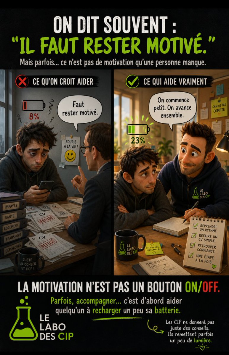 vernaygerald's tweet photo. “Faut juste qu’il se motive.”
On l’a tous entendu.
Et parfois… dit un peu trop vite.
Mais sur le terrain, une réalité saute aux yeux :On demande parfois à des personnes épuisées d’être motivées…comme on demanderait à un téléphone à 8 % de batterie de tenir toute la journée. https://t.co/ccBfPzUoFz