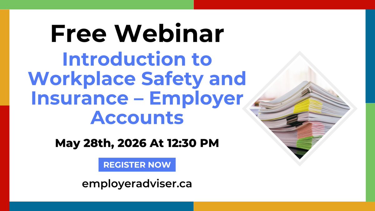askoea's tweet photo. Introduction to Workplace Safety and Insurance: Employer Accounts
Thursday, May 28, 2026
 12:30 p.m. to 1:30 p.m. ET
 Join our free Webinar

Have you recently hired workers or are you thinking about hiring? Join us for this introductory webinar on workplace safety and insurance employer accounts.
This session will cover key topics for Schedule 1 employers, including:

-   WSIB registration requirements
-   How to calculate, report and pay premiums
-   What to include in insurable earnings
-   The use and importance of clearance certificates
-   When and how to object to account-related decisions

This webinar is ideal for employers who are new to WSIB requirements, unsure about their obligations, or looking for a helpful refresher. It also provides a strong foundation for our upcoming advanced webinar on Employer Compliance Tips, scheduled for the fall.
Register today and bring your questions!

Click here to register.
https://t.co/hIjL2wcRzf