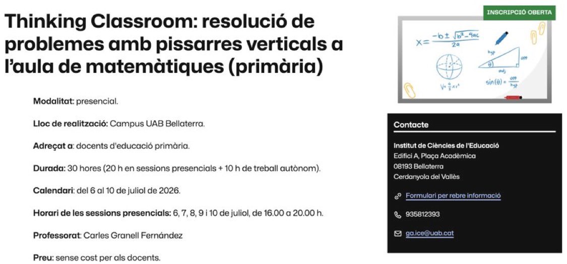 CarlesGranell4's tweet photo. 📣 Curs “Thinking Classroom: resolució de problemes a l’aula de matemàtiques”

📆 Del 6 al 10 de juliol
⏰ 16 a 20h
📍 Campus UAB Bellaterra

Activitat organitzada per l’ICE de l’UAB per compartir recursos per crear Aules per Resoldre Problemes ⚙️

🔗 https://t.co/C8CVAqzv8R https://t.co/TaLmQDSb8o