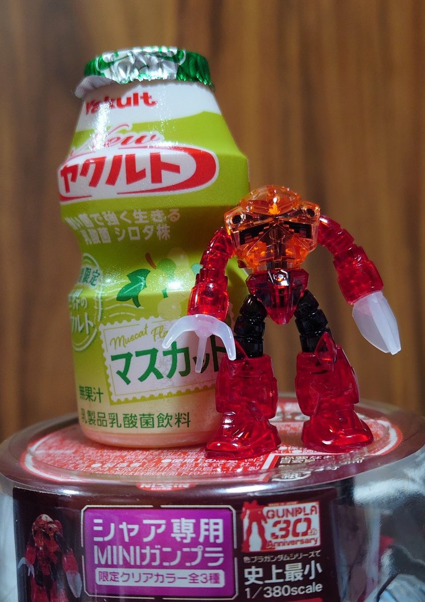 昨日組立てたシャア専用ズゴックとYakultマスカット味😗