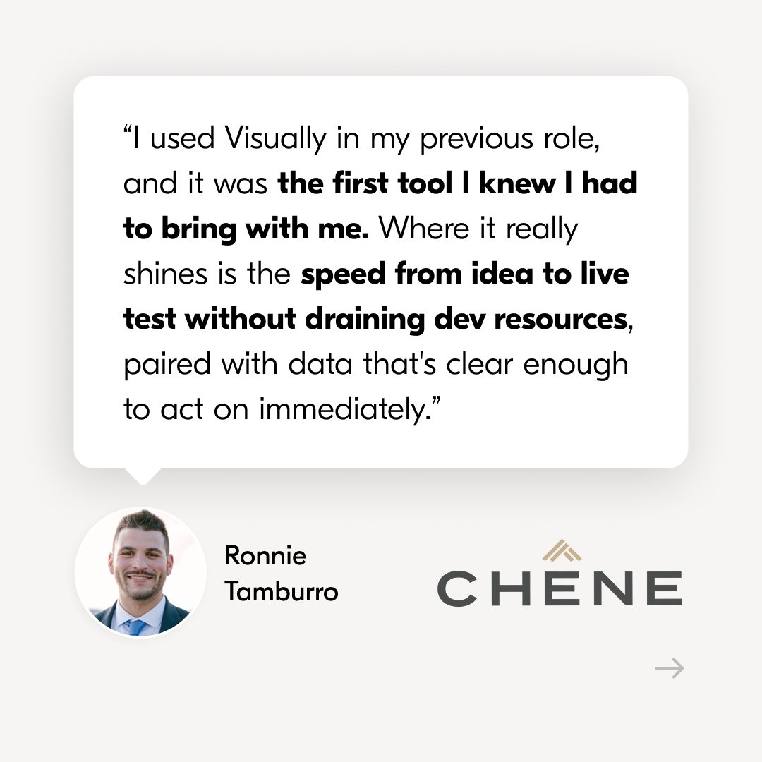 AnyaGeimanson's tweet photo. 22% more sales in only 3 months (also 12,437% ROI 😱) for Chêne Gear, the premium outdoor apparel brand, built on @Shopify  .

When Ronnie Tamburro joined the company as the eCommerce Manager, there was

ONE thing he knew he must do.

Install @Visuallyio .

“I used Visually in my previous role, and it was the first tool I knew I had to bring with me. Where it really shines is the speed from idea to live test without draining dev resources, paired with data that's clear enough to act on immediately.”

Ronnie Tamburro, eCommerce Manager

He knew it’ll let him:

👉 Launch multiple tests fast without dev
👉 Personalize the user experience
👉 Easily learn and scale what works
👉 Move faster & smarter with CRO expert support

Soon after implementing Visually, the team began seeing significant KPI uplifts.

Here are 3 of the A/B tests that drove the lift:

1️⃣ PDP: Product naming optimization

The team noticed the product names didn’t highlight value,
so they tested adding key benefits to the titles.

Result: 27.1% uplift in conversion rate

2️⃣ Homepage: Cart reminder

The team tested a cart reminder for returning visitors,
encouraging them to complete their purchase.

Result: 10.63% uplift in conversion rate

3️⃣ Personalized countdown timer

To add urgency, they tested a geo-targeted countdown timer
based on each visitor’s state-specific hunting season.

Result: 40.8% uplift in conversion rate.

-----

What’s most impressive about the Chêne Gear team isn’t just the wins.

This is a team that truly understands their customers, moves fast, and knows how to turn small insights into meaningful revenue impact.

That’s how great teams turn experimentation into compounding growth 🔥