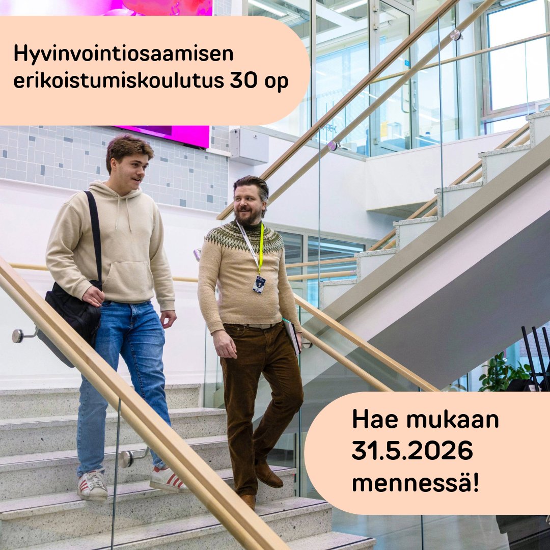 HAMK_AOKK's tweet photo. Hyvinvointiosaamisen erikoistumiskoulutuksen (30 op) hakuaikaa on jatkettu 31.5.2026! Koulutus alkaa syyskuussa 2026 ja tarjoaa käytännön työkaluja oppilaitoksen ja työyhteisön hyvinvointiin. Hae mukaan ja vinkkaa kollegalle!
https://t.co/5HNms4vDU8 https://t.co/FmCqke6ivg