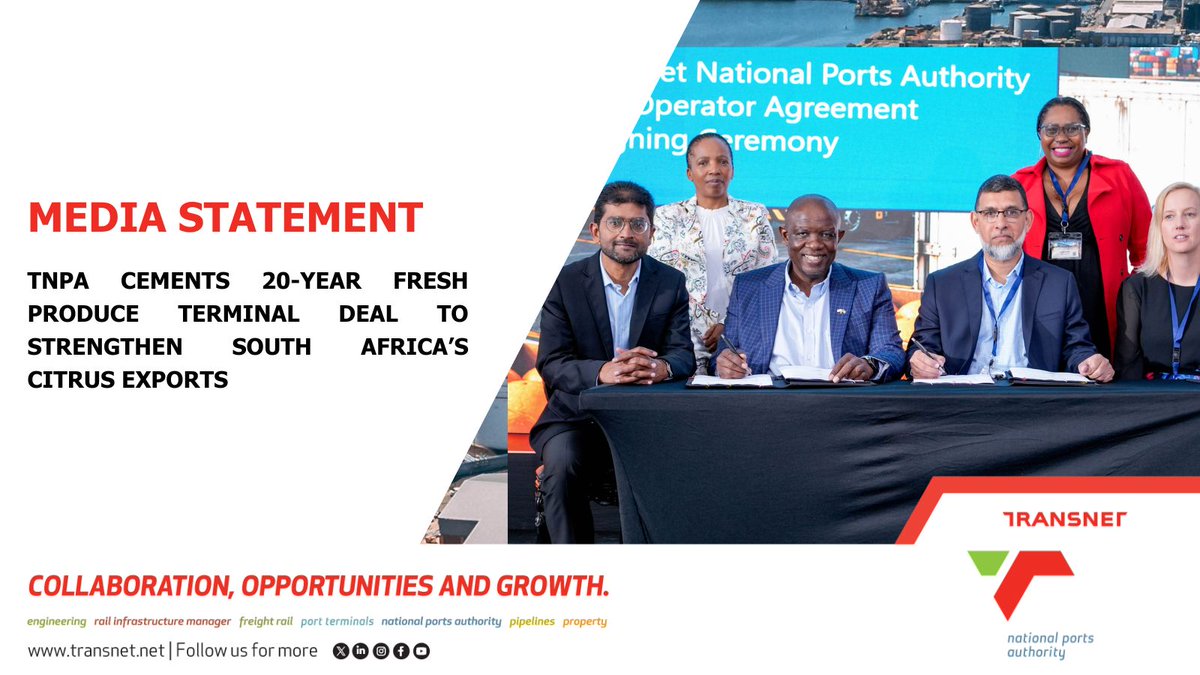 TransnetNPA's tweet photo. [Media Statement] 

@TransnetNPA  has signed a 20-year terminal operator agreement for the redevelopment and operation of a Fresh Produce Terminal at the Port of Durban’s Point Precinct. 

The terminal is projected to increase volume throughput to approximately 1.691 million tons per annum (mtpa) by 2028, with annual growth of around 2%, stabilising at 1.906 mtpa by 2034. 

Click here to read more : 
https://t.co/fpaQRz7dDX
#CitrusSeason #freshproduceterminal See less