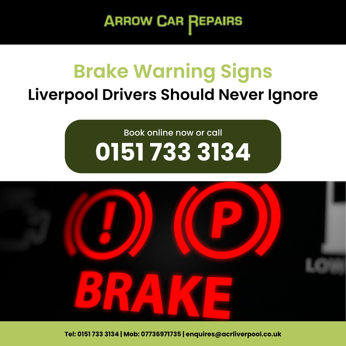 arrowcarrepairs's tweet photo. Squealing brakes, grinding, soft pedal, car pulling when you stop, juddering, warning light — six brake signs you should never ignore. Same-day brake repairs in Wavertree, free collection across Liverpool.

Read more: https://t.co/9w6FJ8CCvV

#ArrowCarRepairs #LiverpoolGarage https://t.co/1cE2Qq2AxJ