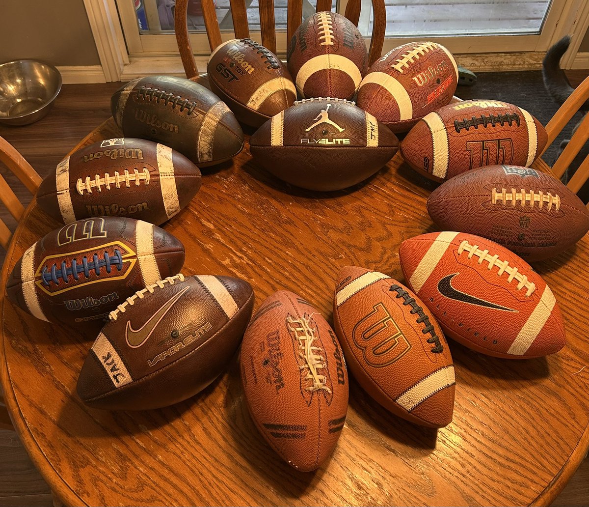 QB_JMC's tweet photo. I was going through my old footballs yesterday. From my youth composite balls, when my dad and I would just play catch until we wore the laces out. To the fly elite I use today. It was a reminder of how much I love this game and every rep from that first time in the yard to now. https://t.co/iJyWf3KfLz