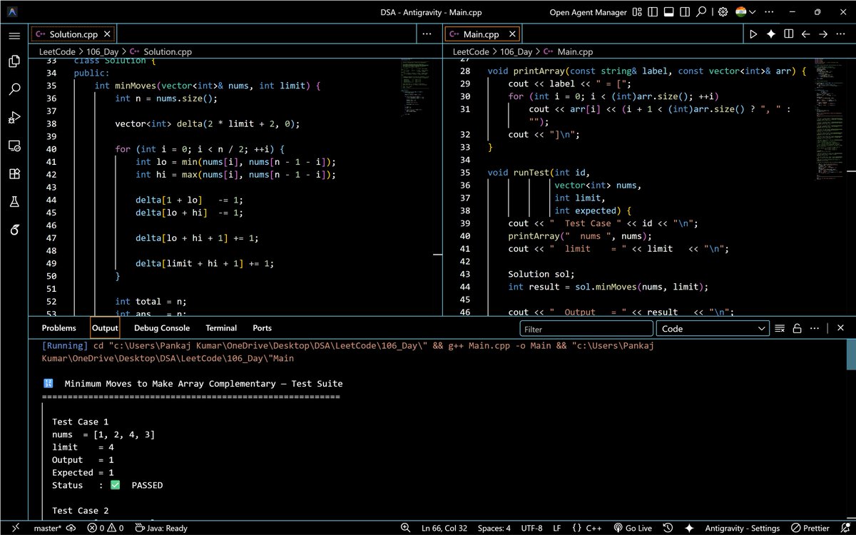 PankajB42550's tweet photo. 🚀 Min Moves to Make Array Complementary – Diff Array ( @LeetCode #Daily! )

For pair (a,b): 0 moves if t=a+b; 1 move if t∈[min+1, max+limit]; else 2 moves. Diff array + prefix sum = min moves.

⌛O(n+limit) | O(limit)
🔥#Day106/100

#LeetCode #DSA #PrefixSum #SweepLine #DAY106 https://t.co/vWESN0AWs5