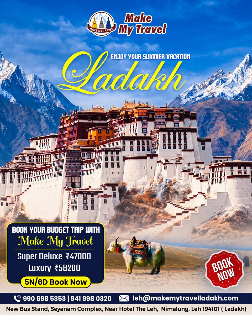 MakeMyTravl's tweet photo. Take the trip to Ladakh with Make My Travel📷📷
.
Ladakh :
🏨₹47,000, for 5 Nights 6 days. 
📷 Contact us at +91-9906985353 | 9419980320!

#Ladakh #ladakh #travel #travelagency #traveldeals #TravelIndia #IncredibleIndia #ladakh #HillStationsIndia #SummerTravel #viralplaces https://t.co/oBVBGUd0gH