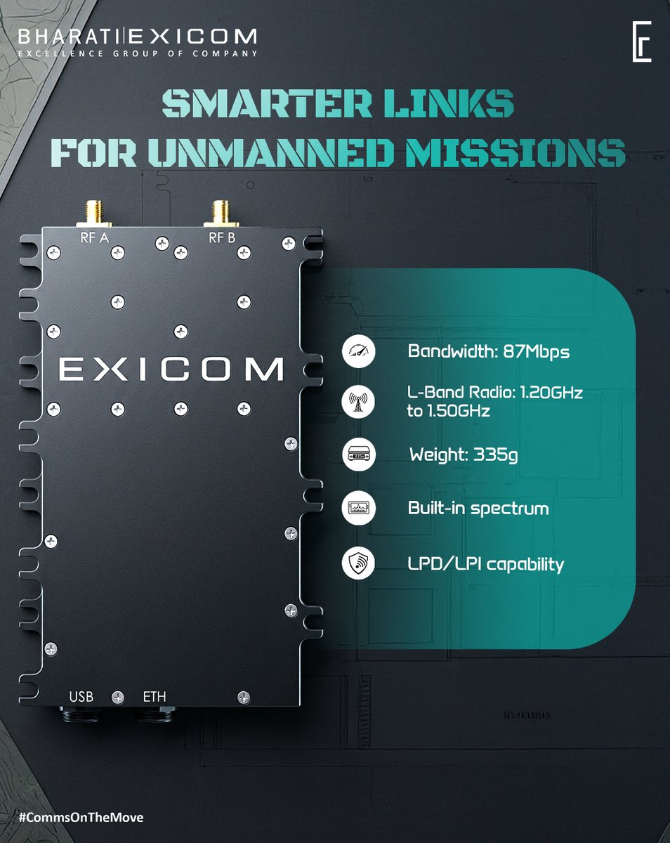 Exicom_India's tweet photo. Engineered with strict #SWaP in mind, the Condor Ultra-Lite 2W integrates seamlessly with UAVs, delivering multi-mode connectivity across Mesh, P2P &amp; P2MP for #ISR and BVLOS missions. Compact yet powerful, it ensures reliable comms. 📡💪

📧 info@exicom.co.in for more queries https://t.co/PKbaHrcSWn