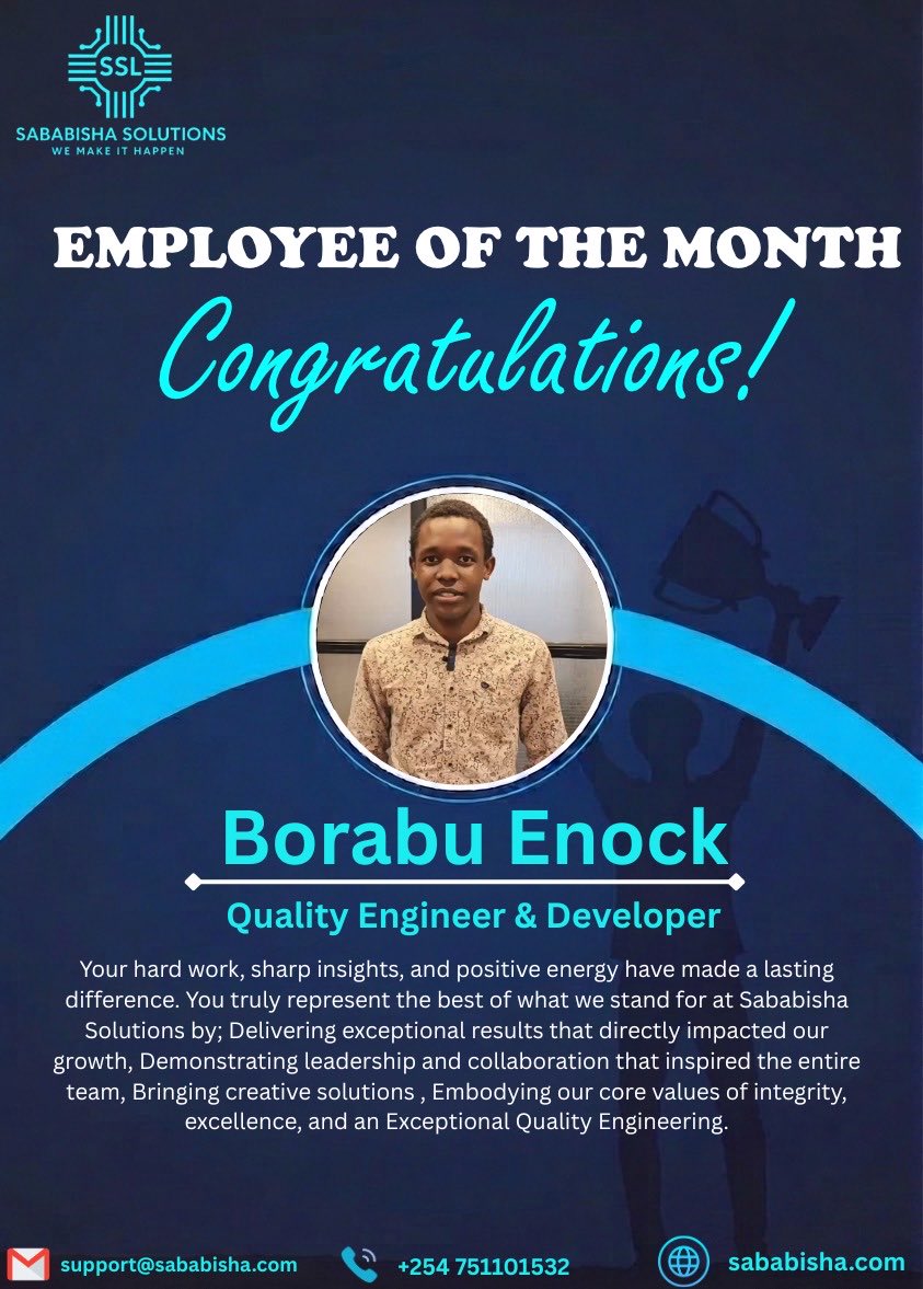 sababisha_SSL's tweet photo. Congratulations to our employee of the month, Mr Enock Borabu🏆✨
Today we celebrate your hardwork and dedication. Your commitment sets the standard for the entire team.Fully deserved👏 https://t.co/kKTVQZyoKD