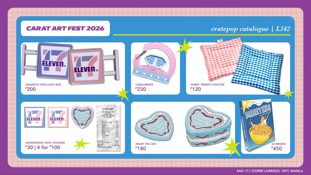 cratepop_ph's tweet photo. #CaratArtFest2026 cratepop catalogue

✶⋆ May 17 | 11am-8pm
✶⋆ 3Torre Lorenzo, Taft, Manila
✶⋆ Table L342, 3F, Food hall

see u 😊 https://t.co/m2WDKqyjGt