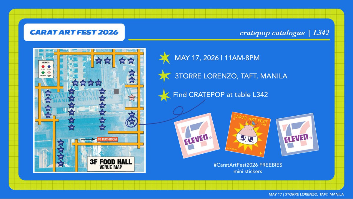 cratepop_ph's tweet photo. #CaratArtFest2026 cratepop catalogue

✶⋆ May 17 | 11am-8pm
✶⋆ 3Torre Lorenzo, Taft, Manila
✶⋆ Table L342, 3F, Food hall

see u 😊 https://t.co/m2WDKqyjGt