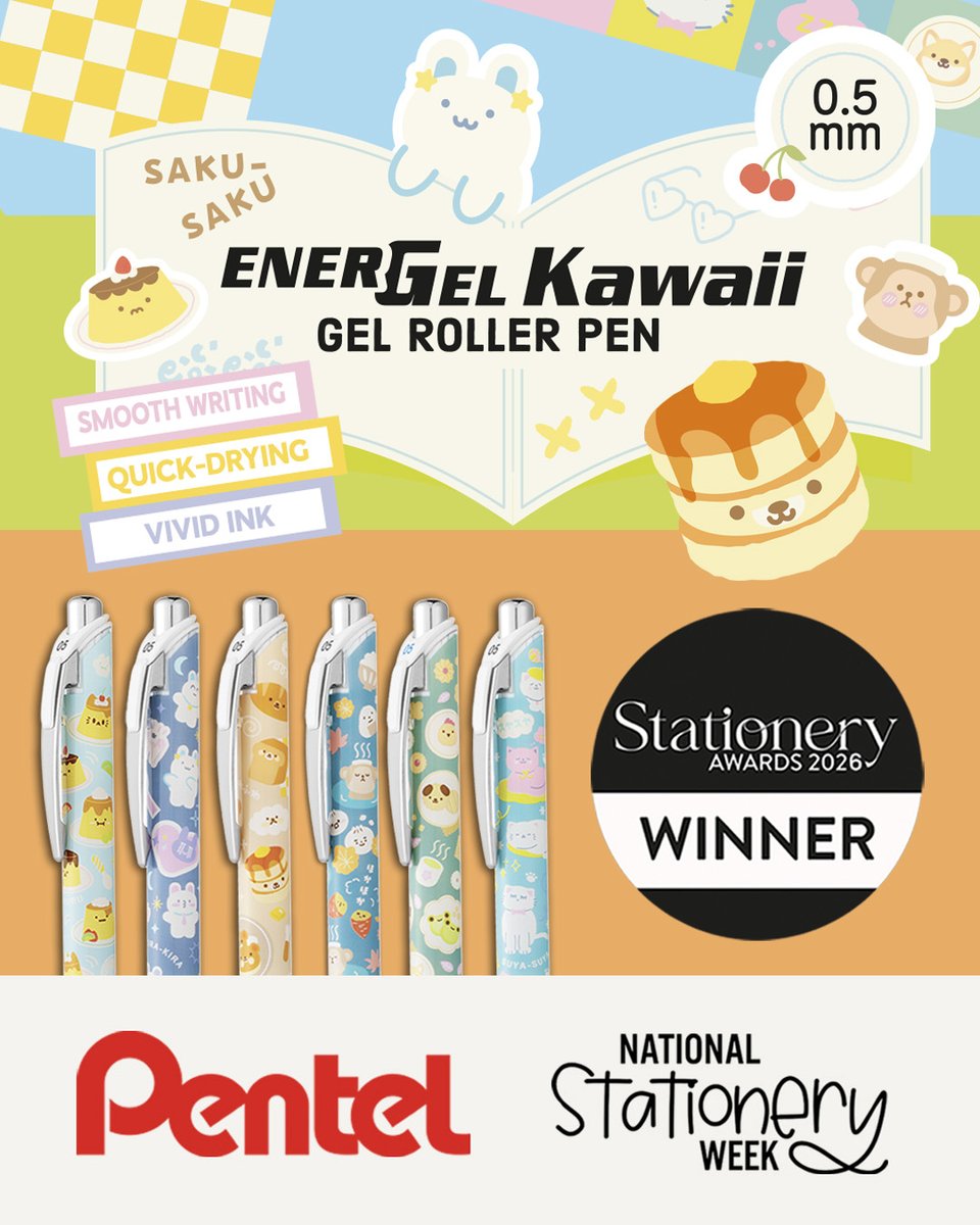 PentelUK's tweet photo. We’re celebrating two fantastic wins at the 2026 Stationery Awards 🎉
🏆 Writing Instrument of the Year (Under £10)
EnerGel Kawaii Rollerball Japanese Onomatopoeia Series
🏆 Licensed Stationery Product of the Year
EnerGel Moomin Rollerball Collection

#NatStatWeek #PentelUK #win https://t.co/adH0I4sMi3