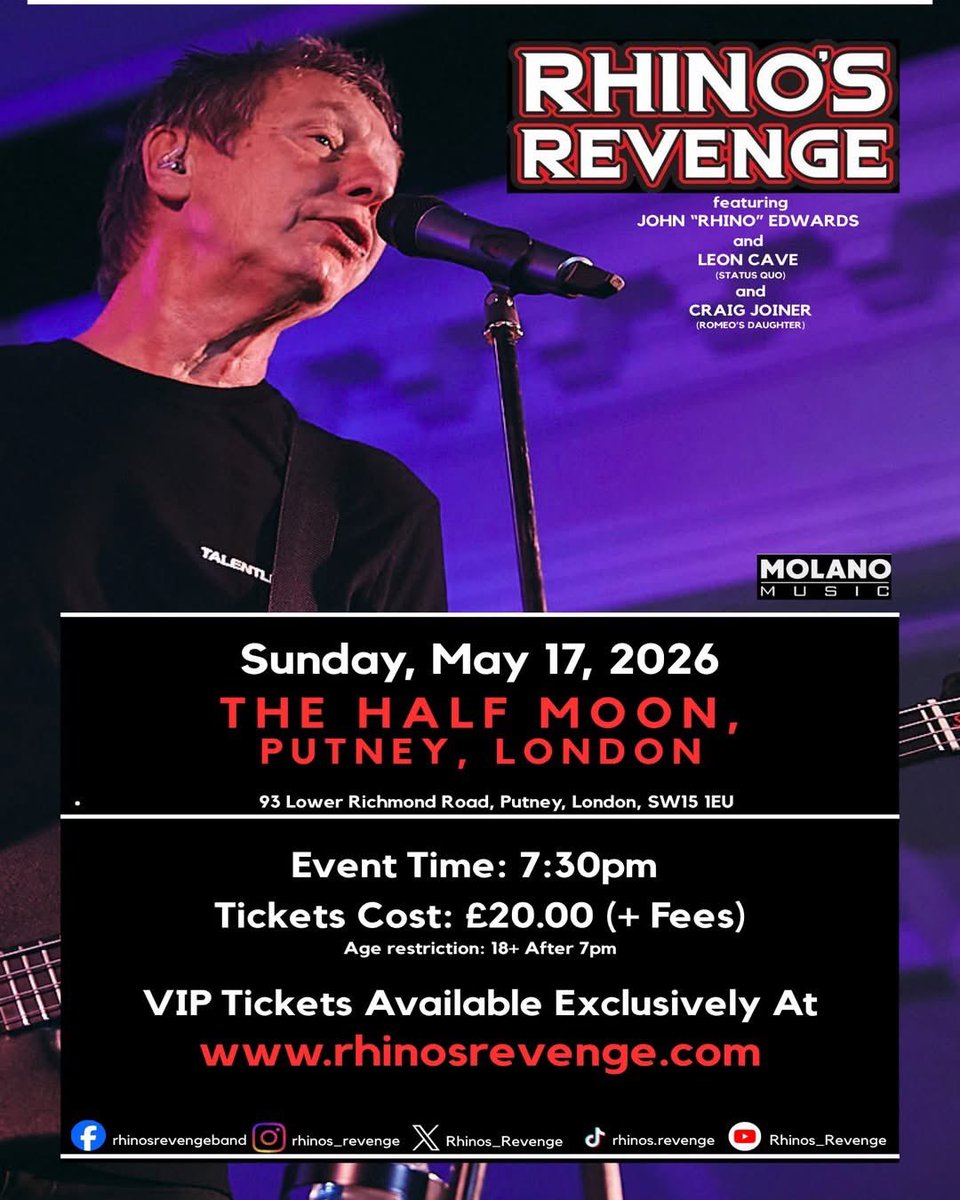 Rhinos_Revenge's tweet photo. Show #2 of the Rhino's Revenge, May Tour 2026 takes us to the newly refurbished Half Moon, Putney, this Sunday, May 17, 2026.

The Half Moon &amp; Crooked Billet Shows are the only shows scheduled by the band in the London area or the South of England this year or, so far, next year https://t.co/OIKR6Ck7wm