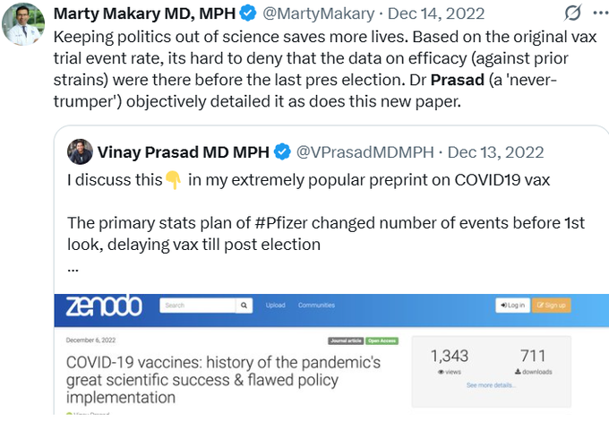 dashwend's tweet photo. @NoMonkeyBusine4 @AppleHelix Makary called Prasad a "never-trumper" in late 2022, so he knew at least that much. https://t.co/Bohhqc8xmN