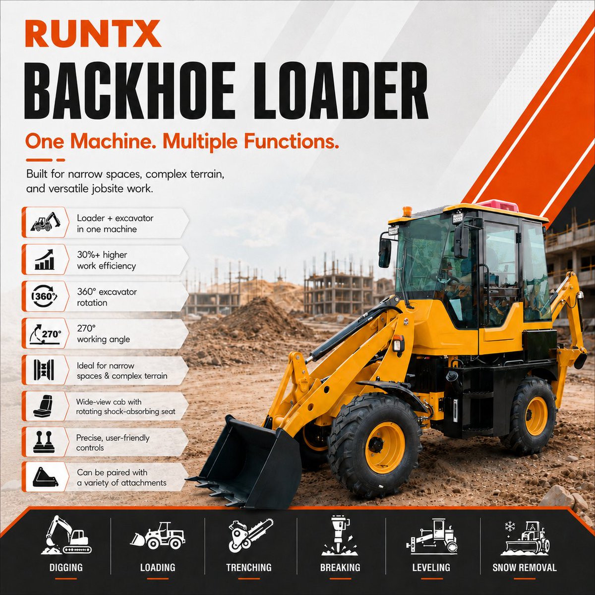 Runtxforklift's tweet photo. Tight jobsite? Budget limits? 

The RUNTX Compact Backhoe Loader does it all. 
Trench, load &amp; level in narrow spaces with 360° rotation &amp; 270° working angle. 

One machine,  multiple functions.! 🚧 

#RUNTX #BackhoeLoader https://t.co/yffxtLA5cj
