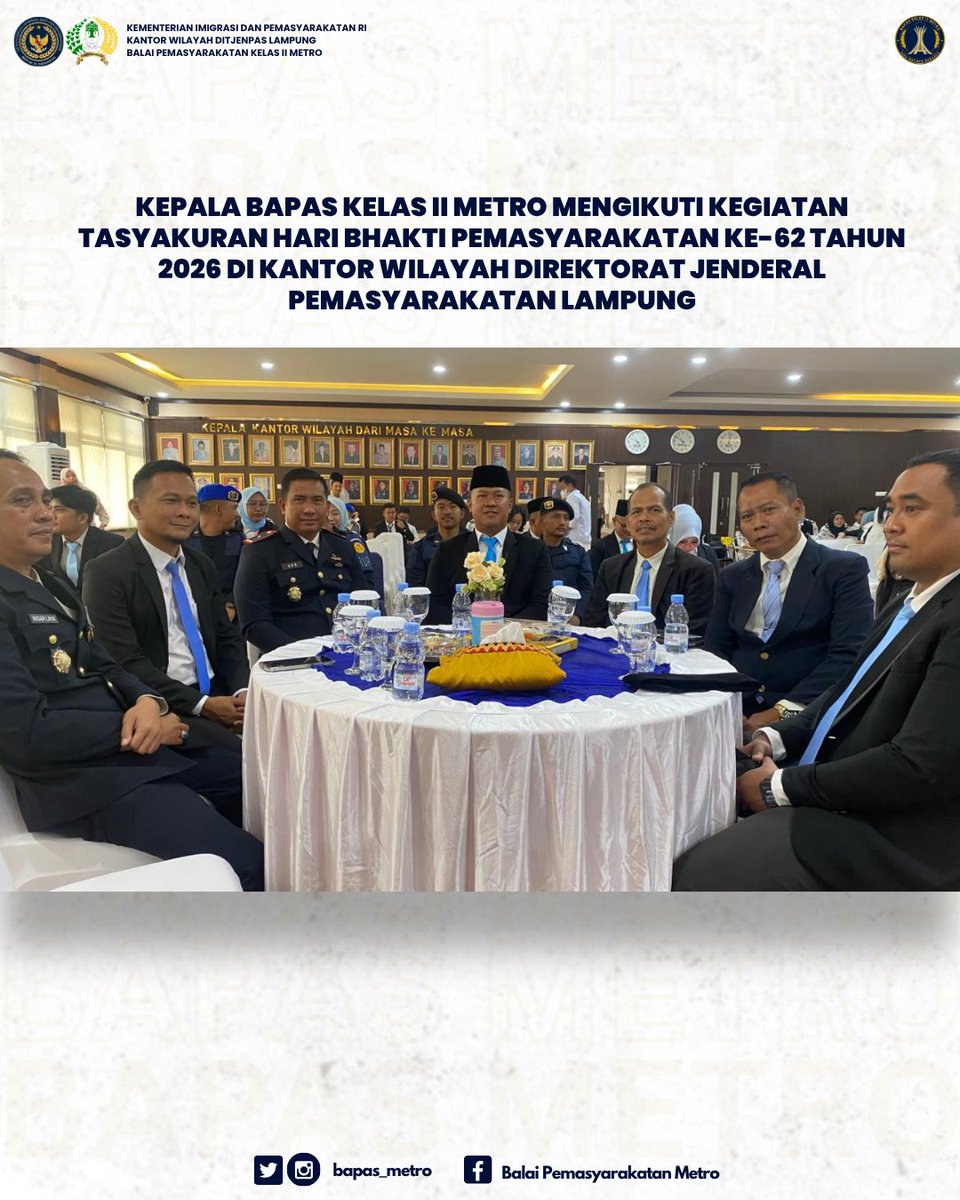 bapas_metro's tweet photo. Kepala Balai Pemasyarakatan Kelas II Metro Mengikuti Kegiatan Tasyakuran Hari Bhakti Pemasyarakatan Ke-62 Tahun 2026 di Kantor Wilayah Direktorat Jenderal Pemasyarakatan Lampung. https://t.co/IHUU0yOnQs