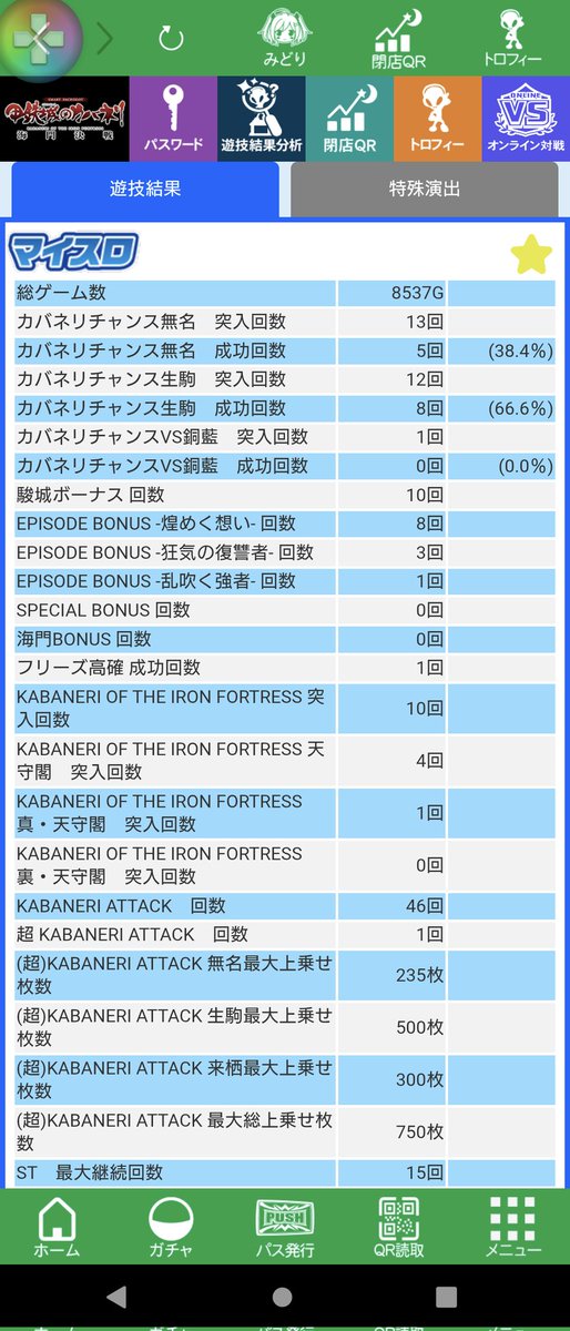 Bison_behind's tweet photo. カバネリ6確初めて打てた
設定差があるだろうと思われる所を検証
・発光率20%
規定ポイント到達でも発光するため実際は15%ほどだと思われる
・生駒CZのハズレ目ダメージ確率が49.5%
CZの成功率に設定差があるのでおそらくハズレ目のダメージを受ける確率が６だと低いから成功率があがるのかも
要検証 https://t.co/ltwzoV8nLo
