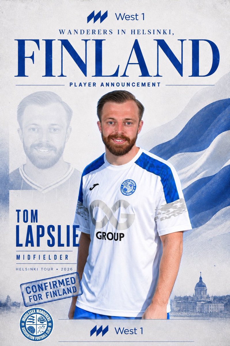 AFCMiddlesex's tweet photo. 🇫🇮 TOURIST ANNOUNCEMENT 🇫🇮

Debut tourist Tom Lapslie is heading to Finland with Middlesex Wanderers ✈️

The ex-Colchester United midfielder brings huge Football League and National League experience to the touring party.

Helsinki awaits.

Tour proudly sponsored by West 1. https://t.co/2UuXEzUADE