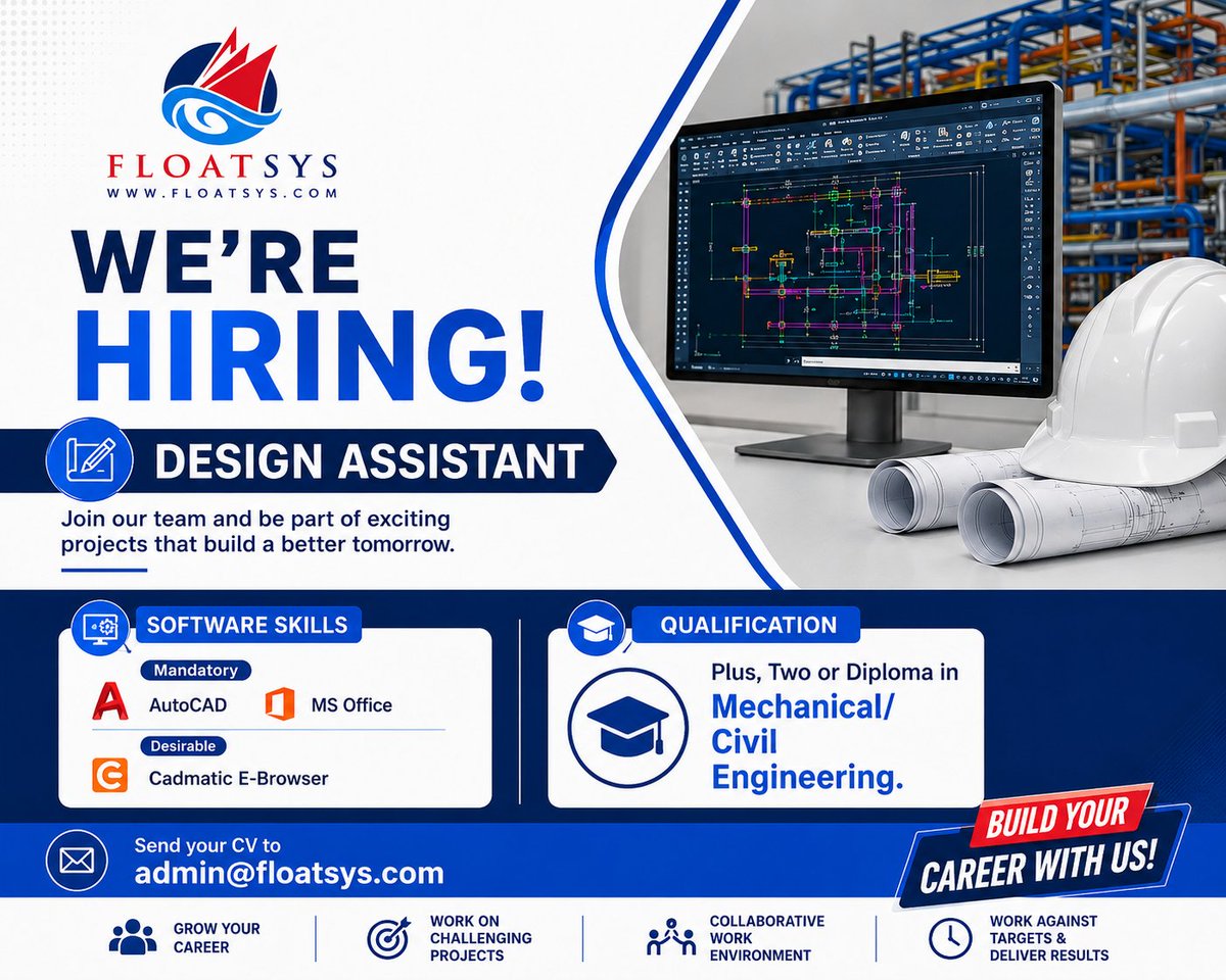 float_sys2025's tweet photo. FloatSys is Hiring Design Assistants.

Requirements:
• Good knowledge in 2D drafting using AutoCAD
• Experience in extraction of data from 3D models in CADMATIC
• Ability to review drawings submitted by basic and detailed designers
#Floatsys #Hiring #DesignAssistant #AutoCAD https://t.co/a7UWIpJZmt