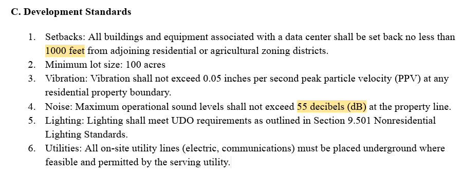 Ben_Inskeep's tweet photo. Valparaiso, IN just issued a draft data center ordinance that puts Indy MDC's draft ordinance to shame.

E.g., compare Valpo's 1,000-ft setback, 55 db sound limit, and clean energy provision to Indy's weak 200-ft setback, 65 db sound limit, and no clean energy provision. https://t.co/qxtatSaOP5