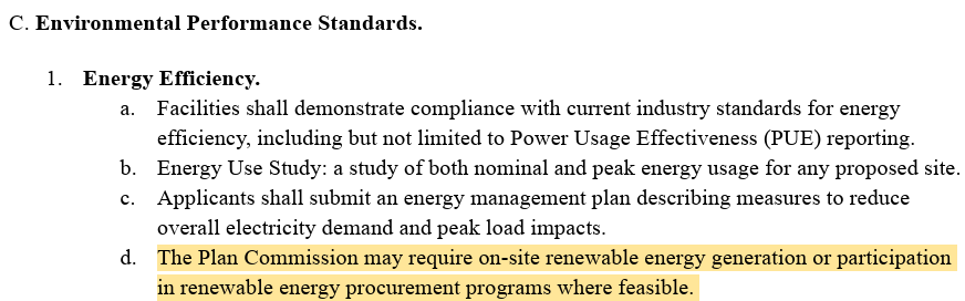 Ben_Inskeep's tweet photo. Valparaiso, IN just issued a draft data center ordinance that puts Indy MDC's draft ordinance to shame.

E.g., compare Valpo's 1,000-ft setback, 55 db sound limit, and clean energy provision to Indy's weak 200-ft setback, 65 db sound limit, and no clean energy provision. https://t.co/qxtatSaOP5