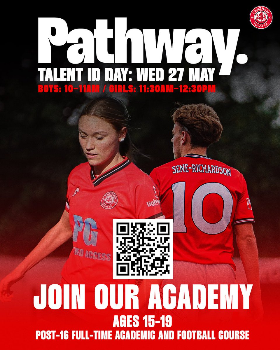 ChathamTownFC's tweet photo. 𝗟𝗔𝗦𝗧 𝗖𝗛𝗔𝗡𝗖𝗘 🚨

Want to be part of our Post-16 Academy pathway? ⚽️📚

Your final opportunity to attend our Talent ID Day is TOMORROW, Wednesday 27 May 👇

𝗕𝗢𝗬𝗦: 10AM-11AM
𝗚𝗜𝗥𝗟𝗦: 11:30AM-12:30PM

𝗥𝗘𝗚𝗜𝗦𝗧𝗘𝗥 👉 https://t.co/eaq8qlI5Ix

🔴⚪️⚫️ #UpTheChats https://t.co/oFZdjhNCt5