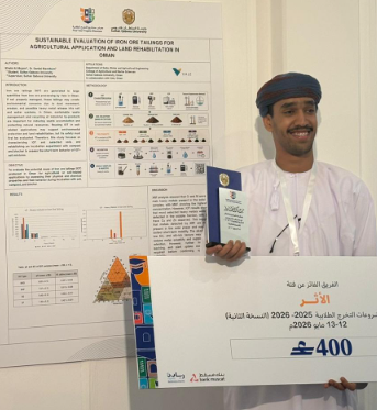 danielblac_squ's tweet photo. Huge congrats to Khalid Al Mujaini @2fl9l for winning the Best End Year Project at SQU!  Al Athar🎓🏆His project showcases impressive research into repurposing iron ore tailings for agricultural use🌿🏗️Special thanks to Vale Oman for their invaluable support! @squcams #Oman https://t.co/YI4t0zYHqc