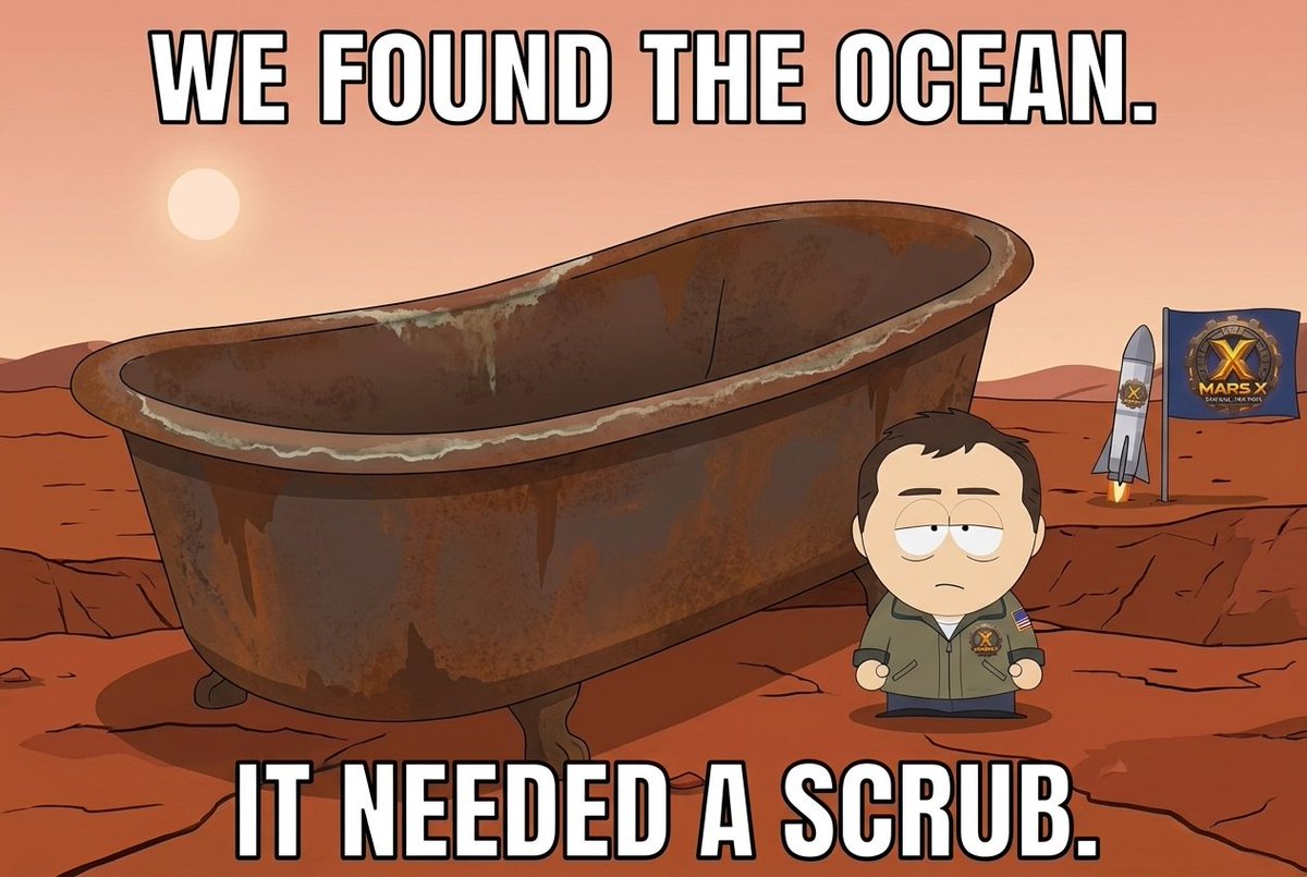 offtomarsx's tweet photo. Mars had an ocean for millions of years.
Left a ring in the tub. Classic Mars. https://t.co/MCu5W6OF7R