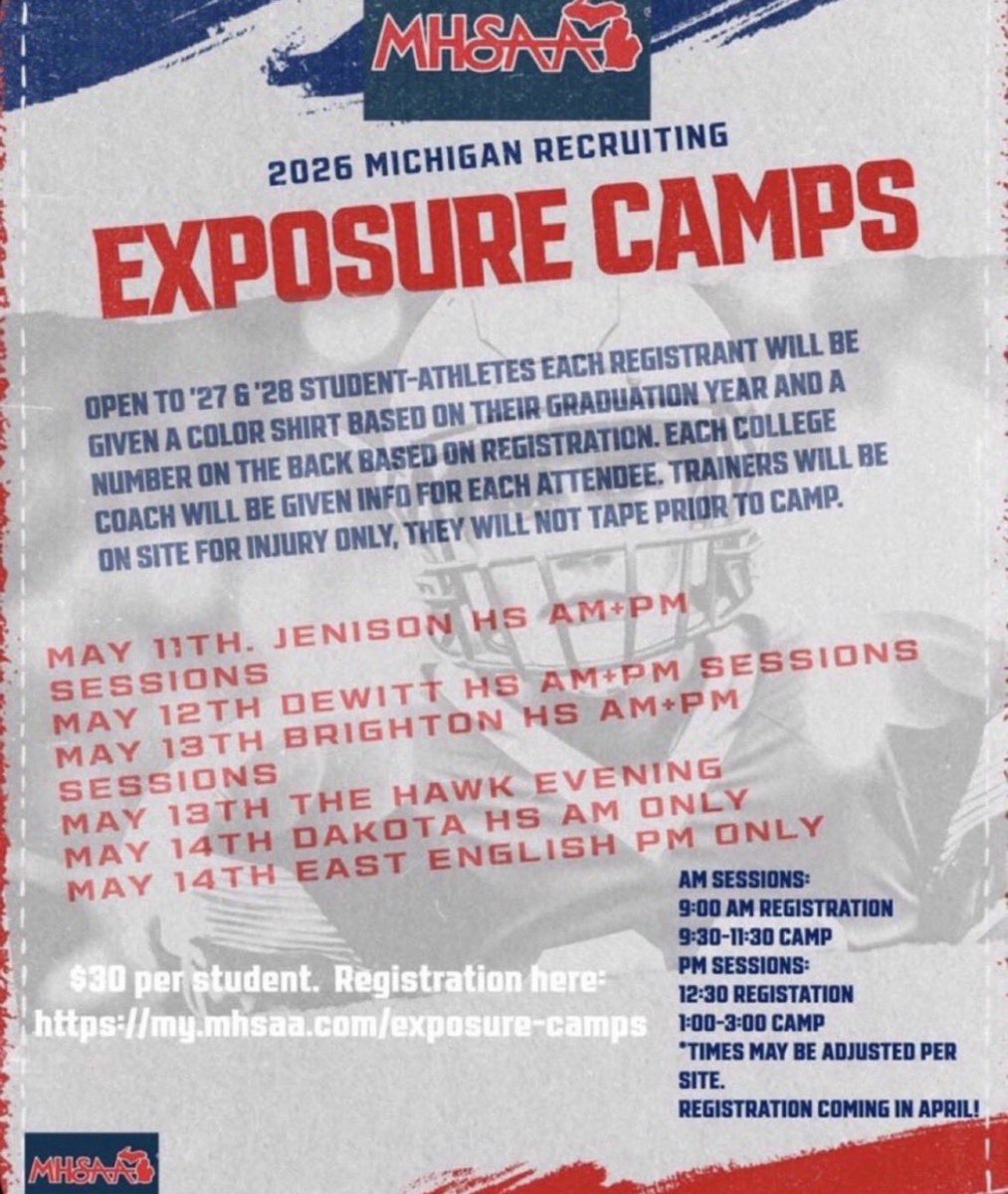 CalebWiddows06's tweet photo. I can not wait to be attending the MHSAA Exposure Camp, Thursday at Dakota, competing with the top in the state, and building relations. @BrentWiddows @GoPatsGo @MIexposure @MichFBFrenzy @PrepRedzoneMI @MHSAA https://t.co/yiPROyIeEI