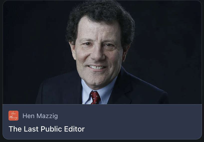 HenMazzig's tweet photo. In 2014, the New York Times had a Public Editor.
When Nicholas Kristof was caught platforming a serial fabricator, she made him answer for it in print.

In 2017, the Times eliminated the role.

This week, we found out what that means.
https://t.co/S2x3LRdOzZ https://t.co/cXU3PXEJfW