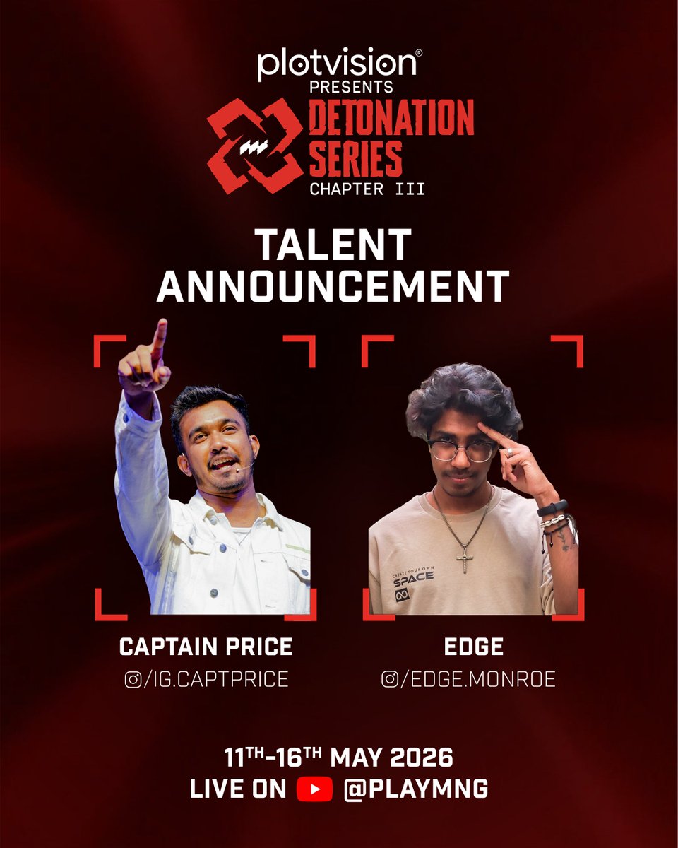 playmng's tweet photo. Presenting the people behind the microphones - @ig_captprice and #Edge will be taking you through the extra ordinary journey of @plotvision_  presents Detonation Series - Chapter III 🎙️

#ValorantSA #DetonationSeries #EsportsIndia https://t.co/0BthTXH20i
