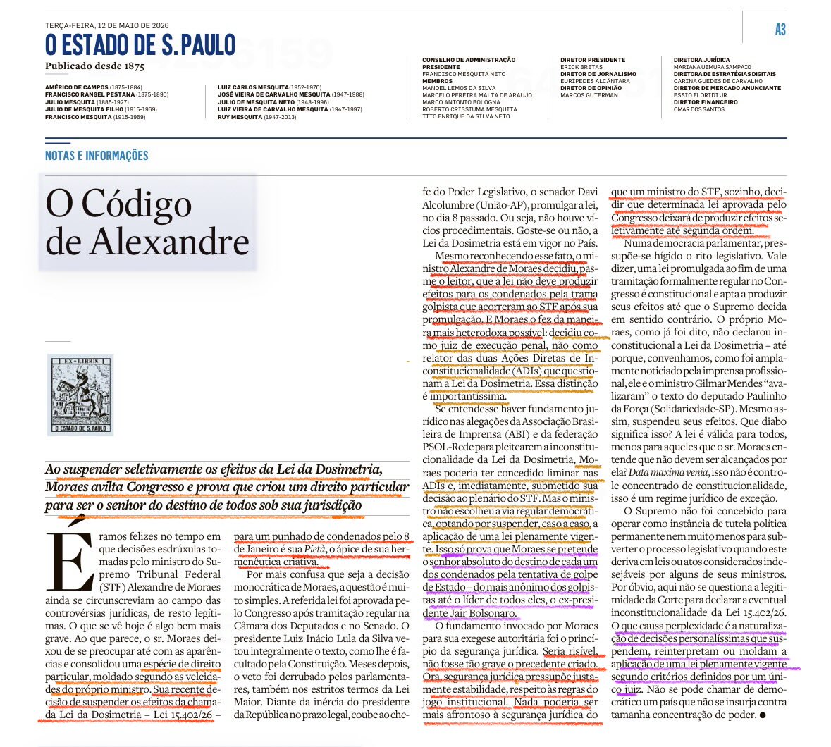 EricaGorga's tweet photo. 💎O CÓDIGO DE ALEXANDRE 

Eu mesma, em primeira mão, já tinha apontado em vídeo nesta rede social os equívocos jurídicos do Ministro Moraes. 
Agora, também o editorial do Estadão acabou de reconhecer que o Ministro Alexandre de Moraes inventou o seu próprio sistema jurídico, consolidando "uma espécie de direito particular, moldado segundo as veleidades do próprio ministro". 

O jornal classificou a suspensão da Lei da Dosimetria aos condenados pelo 8 de janeiro como sua "Pietà, o ápice de sua hermenêutica criativa". O jornal reconheceu que "goste-se ou não, a Lei da Dosimetria está em vigor no País", entretanto, Moraes decidiu que a lei não deve produzir efeitos para os presos políticos de forma absolutamente ilegal, pois o fez como juiz da execução penal e não como relator das duas Ações Diretas de Inconstitucionalidade (ADIs) que questionam a Lei da Dosimetria. 

Isso evidentemente é um erro jurídico grosseiro que se configura em abuso de autoridade. Como explica o jornal, Moraes "não escolheu a via regular democrática, optando por suspender, caso a caso, a aplicação de uma lei plenamente vigente", ao invés de ter "concedido liminar nas ADIs e imediatamente submetido sua decisão ao plenário do STF". Continua o jornal: "isso só prova que Moraes se pretende o senhor absoluto do destino de cada um dos condenados pela tentativa de golpe de Estado" ... 

O jornal ironiza o Ministro, dizendo que "seria risível, não fosse tão grave o precedente criado ... nada poderia ser mais afrontoso que um ministro do STF, sozinho, decidir que determinada lei aprovada pelo Congresso deixará de produzir efeitos seletivamente até segunda ordem". Assim, a decisão configura-se em invenção sem base legal, a qual não pode prevalecer em detrimento do real DIREITO dos presos do 8 de janeiro de terem suas penas IMEDIATAMENTE DIMINUÍDAS.
