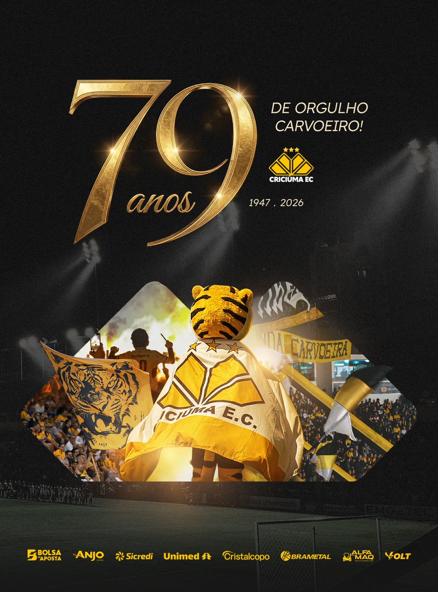 CriciumaEC's tweet photo. 79 anos de uma história construída com garra, paixão e a força do povo carvoeiro. 🖤💛

Desde 1947, o Criciúma carrega em sua trajetória capítulos inesquecíveis, conquistas marcantes e uma identidade que atravessa gerações.

Uma caminhada feita de luta, orgulho e amor por essas cores. Que venham novos capítulos e novas conquistas! 🐯

#CriciúmaEC #79Anos