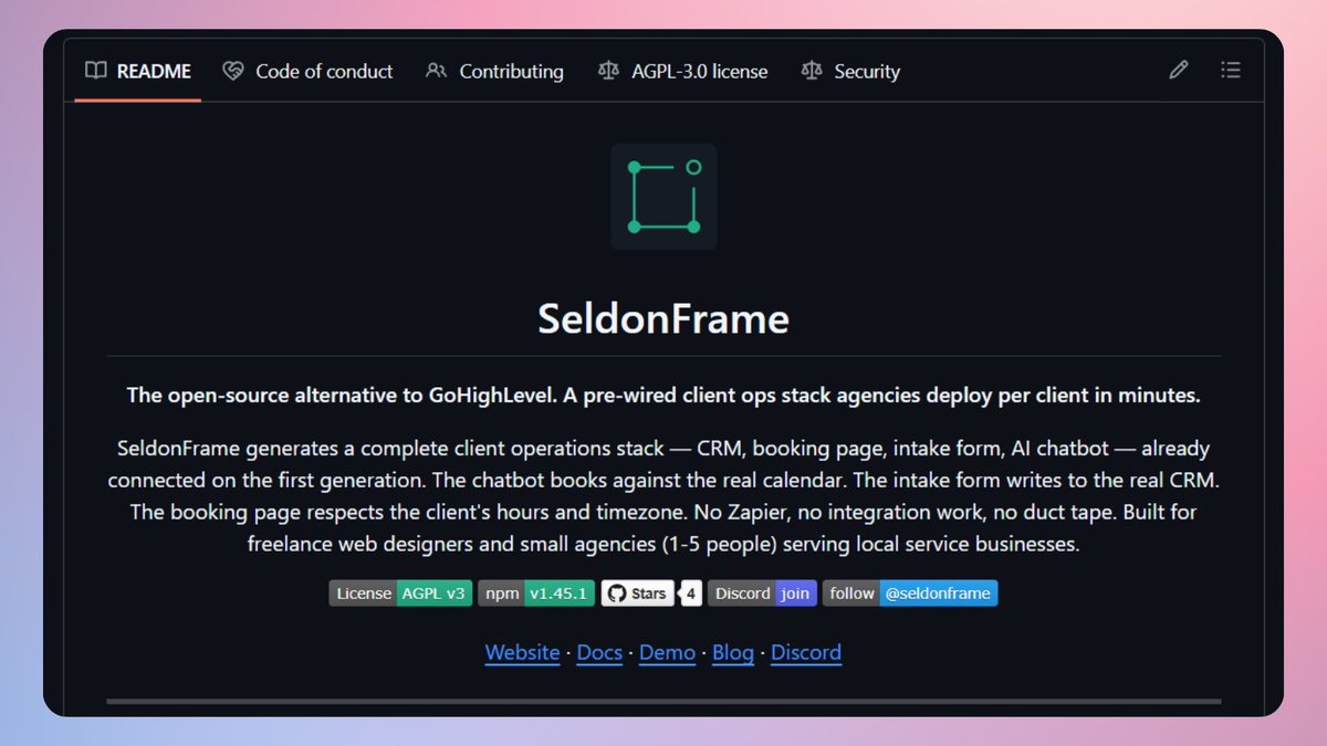themaxthule's tweet photo. The open-source alternative to GoHighLevel. 

A pre-wired client ops stack agencies deploy per client in minutes:

->CRM
->Booking page
->Intake forms
->AI Chatbot

All wired-up and fully customizable using natural language in Claude Code

https://t.co/2qSw5ooz5G https://t.co/DXDbr7VetV
