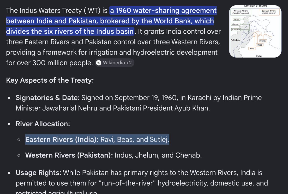 varulmayank's tweet photo. @thatgamerdude02 @FrontalForce I won't troll you for your level of awareness. Why dont you just use Google, Gemini, Chat GPT to know more about IWT? 

By placing the treaty in abeyance, India can use water of Western Rivers. Ravi is an easter River and we Indians always had full right over its waters. https://t.co/XOedY55Yni