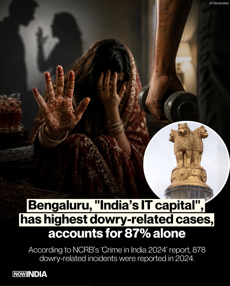 thenowindia's tweet photo. Bengaluru, "India’s IT capital", has highest dowry-related cases, accounts for 87% alone

#NowIndia #NCRB #CrimeInIndia2024 #DowryCases #Bengaluru https://t.co/GcFAJfh9UB
