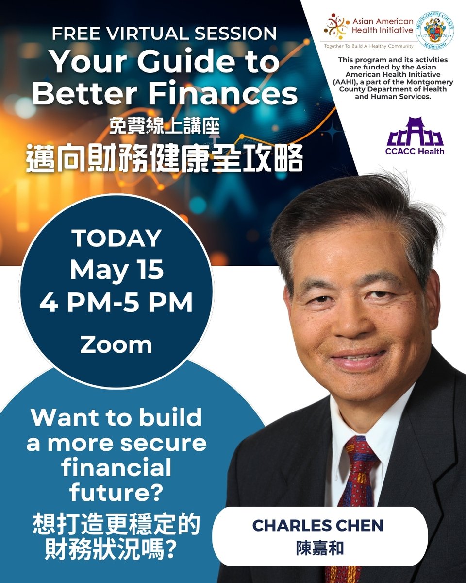 CCACCHealth's tweet photo. 💸 Make TODAY the day you take control of your #Finances!
Our #FreeWorkshop - Your Guide to Better Finances - can help you make smarter money decisions.

📅 TODAY, May 15
⏰ 4–5 PM
💻 Online
Speaker: Charles Chen

📧 Book a free 1‑on‑1 consultation: charleschen16888@gmail.com https://t.co/mrp9NwoMKz