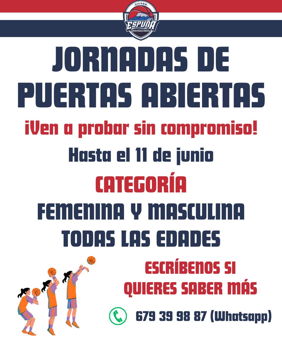 cbsespuna's tweet photo. 🏀 ¡JORNADAS DE PUERTAS ABIERTAS en C.B. Sierra Espuña!

Hasta el 11 de junio, jugadores y jugadoras de todas las edades podrán venir a entrenar con nosotros sin ningún compromiso 

 Info: 679 39 98 87 (WhatsApp) https://t.co/3IhGwte3uj