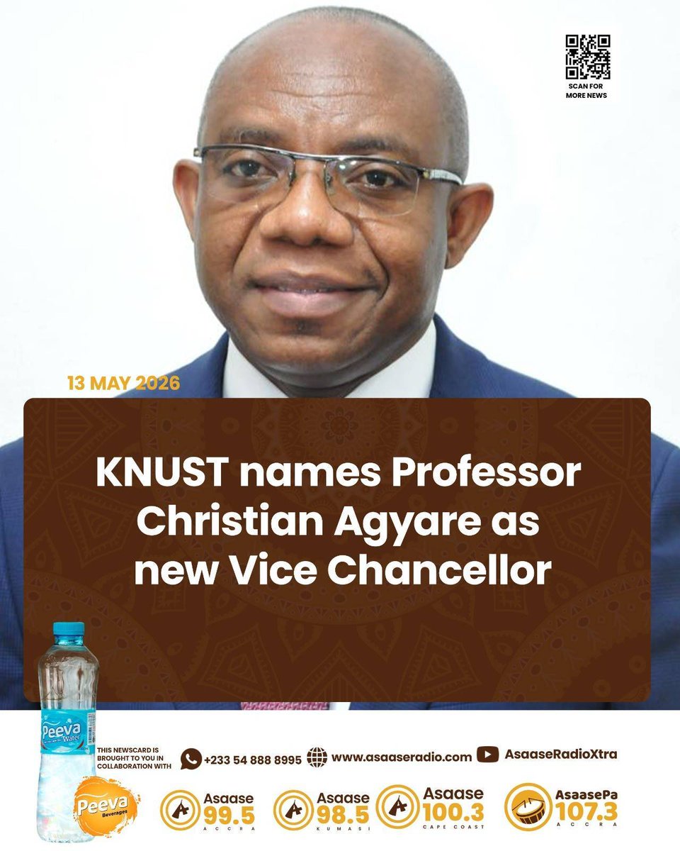 asaaseradio995's tweet photo. The Governing Council of the Kwame Nkrumah University of Science and Technology has appointed Professor Christian Agyare as the university’s next Vice-Chancellor.
#TheVoiceOfOurLand | #AsaaseRadio #AsaaseNews | #AsaaseDigital https://t.co/2KWjKte7Zo