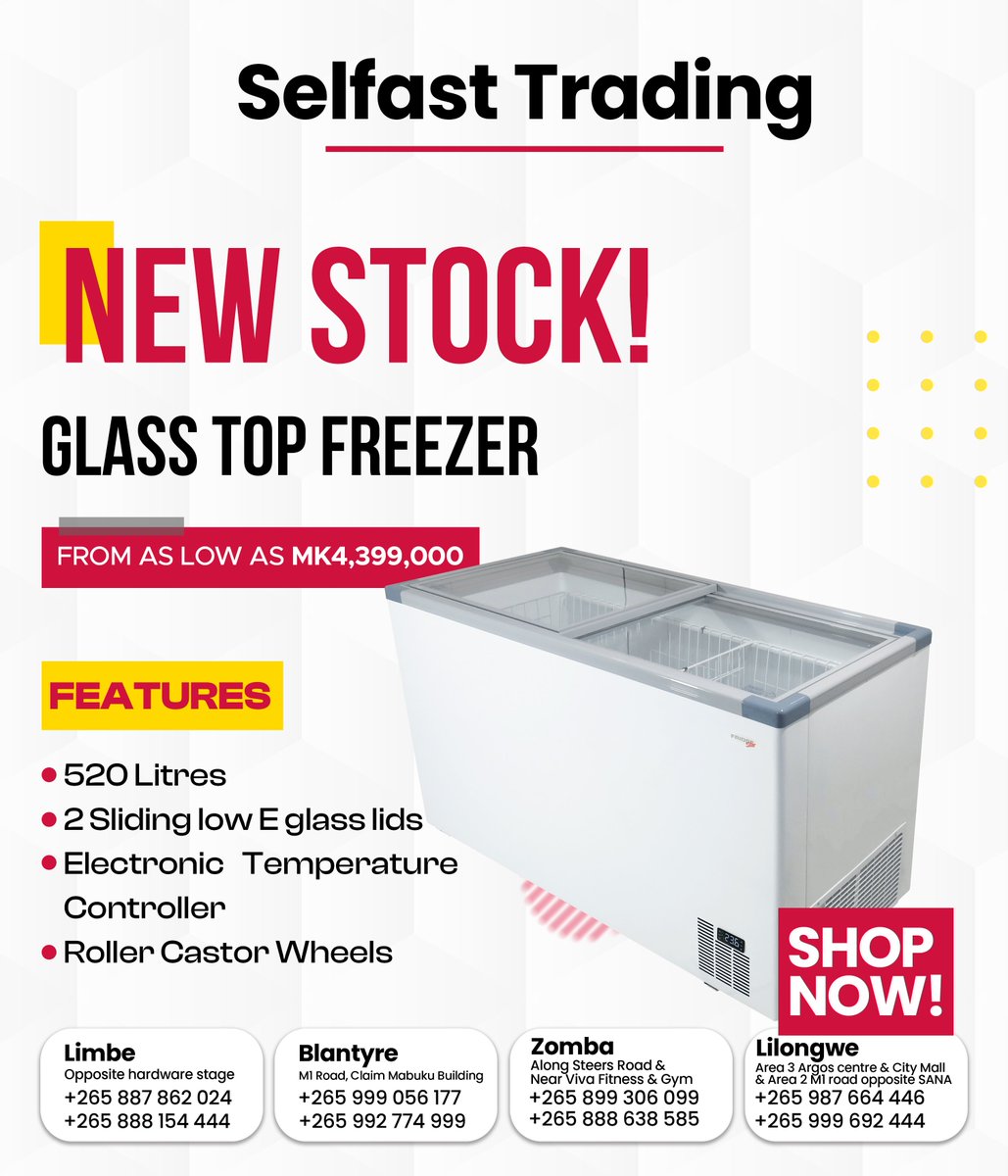 DefyMalawi's tweet photo. More space. More storage. More business. 

The Glass Top Freezer is perfect for supermarkets, restaurants, butcheries, and growing businesses that need reliable freezing and easy product display.

Available now at Selfast Trading from as low as MK4,399,000. https://t.co/xyybwLrf8c