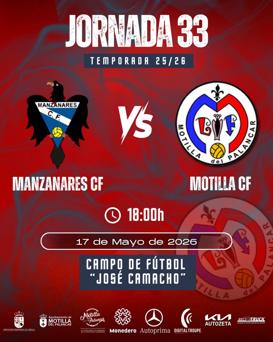 Motillacf's tweet photo. Este Domingo nos desplazamos a Manzanares para afrontar un encuentro complicado ante el segundo clasificado para afrontar la recta final de la temporada con la salvación conseguida.

🆚Manzanares CF
📅17 Mayo de 2026
🕐18:00h
📍Campo de futbol "José Camacho"

¡VAMOS MOTILLA CF!⚽ https://t.co/r2wDZvG543