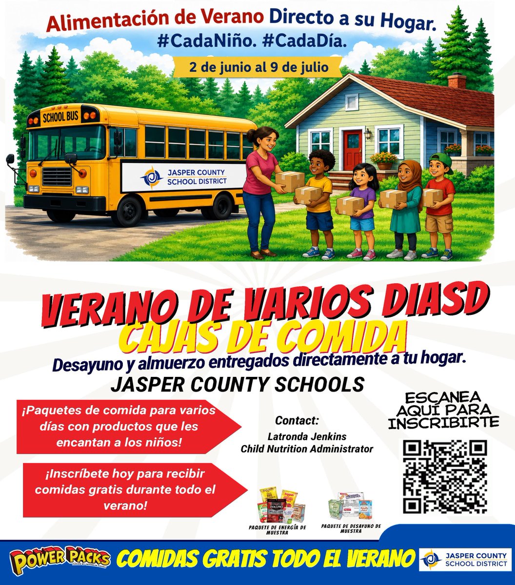 JCSD_SC's tweet photo. 🚍☀️ FREE Summer Meal Boxes Delivered to Your Home! ☀️🚍

Jasper County Schools is making summer meals easy for families by delivering FREE multi-day meal boxes directly to students’ homes this summer! 🍎🥪🥛

Each meal pack includes breakfast and lunch it https://t.co/Dl91cXy6sE