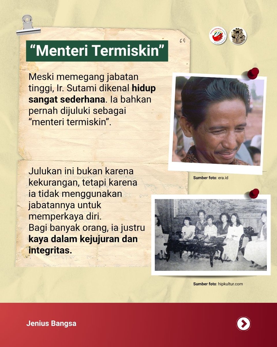 JeniusBangsa's tweet photo. Ir. Sutami layak disebut Jenius Bangsa karena 2 hal ini!

Pertama, sungguh-sungguh menggali potensi di dalam dirinya untuk menjadi ahli Teknik bangunan yang mumpuni. Kedua, berkarya secara maksimal untuk kemajuan bangsa dan tanah airnya, https://t.co/nj8DLdACgf
