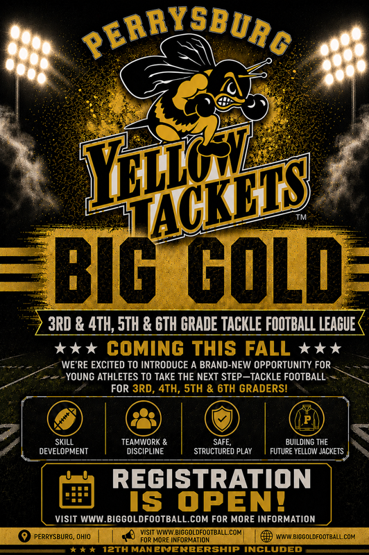 PerrysburgFB's tweet photo. Big Gold registration is OPEN for all 3-6th graders interested in playing tackle football this fall! Use this link to register and join the next wave of Yellow Jacket tradition!  https://t.co/1jRcUeYNaw https://t.co/rklOdGuq8P