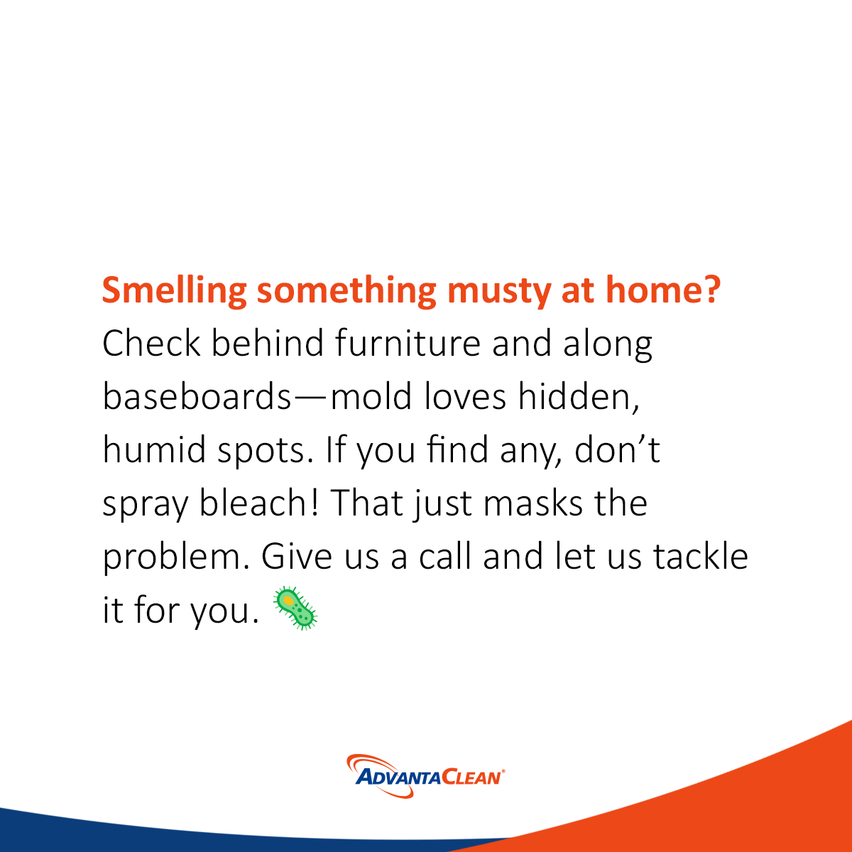 AdvantacleanS's tweet photo. Musty odors in your Sandy Springs home might mean hidden mold. Check behind furniture and along baseboards where humidity builds up. #moldremediation #waterdamage #stormdamage #atlanta #sandysprings https://t.co/AGZ10oINSA