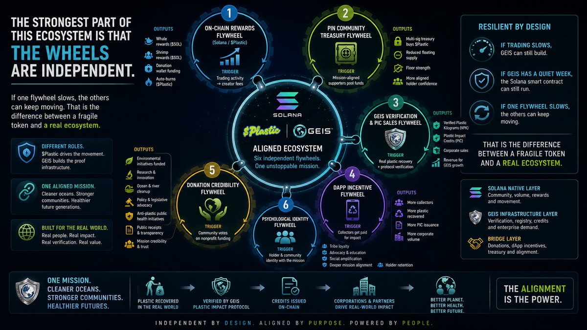 PlasticCTO's tweet photo. Most tokens have a "mechanism."

Real ecosystems have "architecture." ⚙️♻️

What makes the $Plastic ecosystem different is not a single rewards mechanic.

It is six independent #flywheels designed to reinforce each other while remaining structurally resilient.

⚡ On-Chain Rewards Flywheel
Trading activity generates creator fees that automatically flow into holder rewards, nonprofit funding, and burns.

🏛️ PIN Treasury Flywheel
Mission-aligned supporters pool resources into a multi-sig treasury that can strategically accumulate $Plastic.

♻️ GEIS Verification Flywheel
Real plastic gets verified through the Plastic Impact Protocol™ and converted into enterprise-grade Plastic Impact Credits.

📱 dApp Incentive Flywheel
Collectors get paid. More collectors means more recovery. More recovery means more verified impact.

🌍 Donation Credibility Flywheel
Community-voted nonprofit funding creates real-world action, public receipts, and visible environmental outcomes.

🧠 Psychological Identity Flywheel
Mission creates tribe. Tribe creates participation. Participation strengthens the ecosystem.

Here is the important part:
These wheels are independent by design.

If trading slows... GEIS still builds.
If GEIS has a quiet week... the @solana smart contract still runs.

If nonprofit cycles pause... the verification engine still operates.
If one wheel slows, the others keep turning.

That is the difference between fragile tokenomics and a real ecosystem.

$Plastic brings the people.
GEIS brings the proof.
#Solana brings the speed.

The flywheels do the rest. ⚡