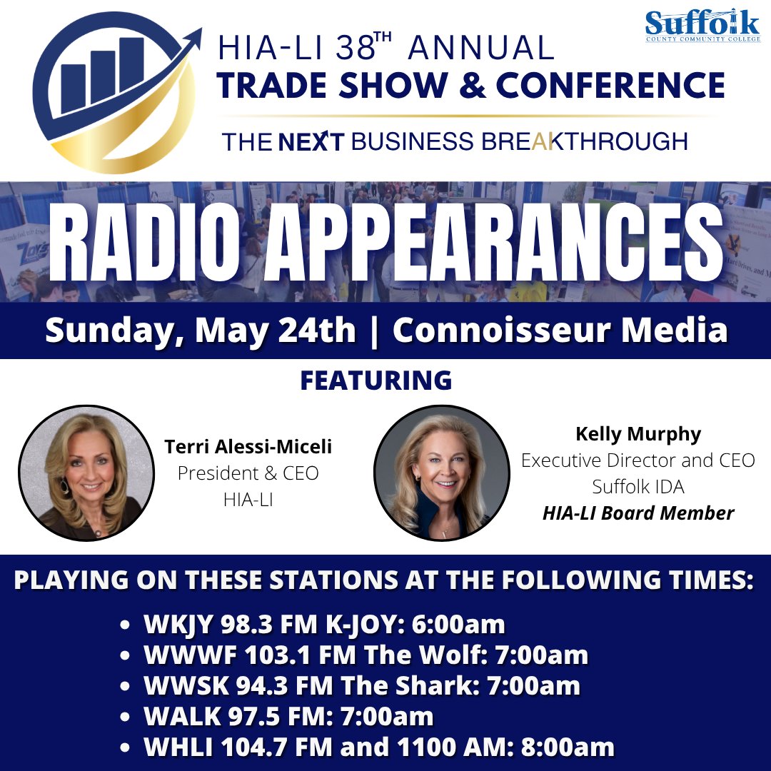 SuffolkIDA's tweet photo. 🎙️ Tune in as John Lynch of Connoisseur Media speaks with HIA-LI President &amp; CEO Terri Alessi-Miceli and Suffolk IDA Executive Director &amp; CEO Kelly Murphy about the upcoming 38th Annual Trade Show &amp; Conference. 

#LongIsland #HIALI #SuffolkIDA #SuffolkCounty https://t.co/mh1k5cb3jh